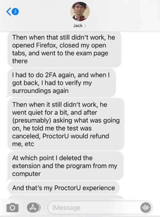 Jack Schutte, a first-year student at UC Santa Cruz, shared his experience over text with YR Media during his first time taking an exam with ProctorU. (Photo courtesy of Zoe Harwood.)