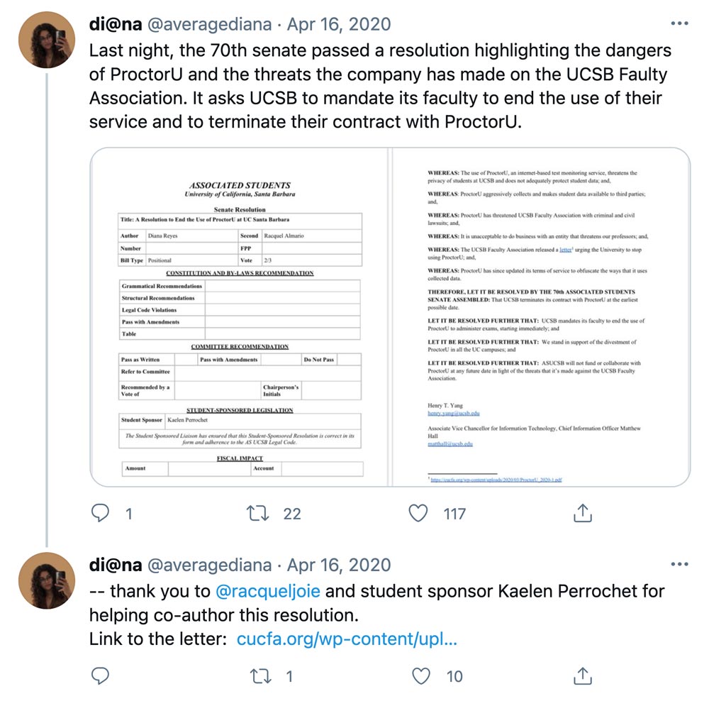 Last night, the 70th senate passed a resolution highlighting the dangers of ProctorU and the threats the company has made on the UCSB Faulty Association. It asks UCSB to mandate its faculty to end the use of their service and to terminate their contract with ProctorU.